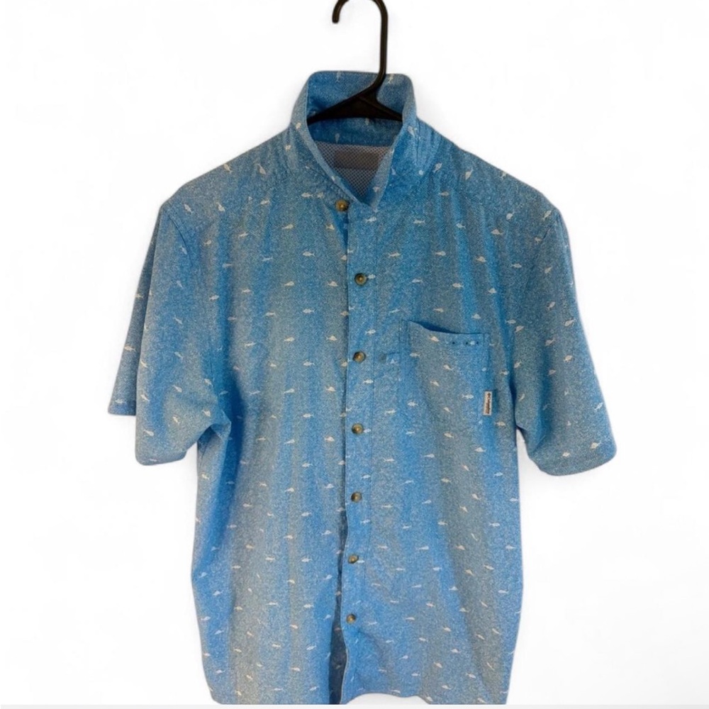 Columbia PFG Fishing Shirt Blue Fish Print Vented Back Button Up medium